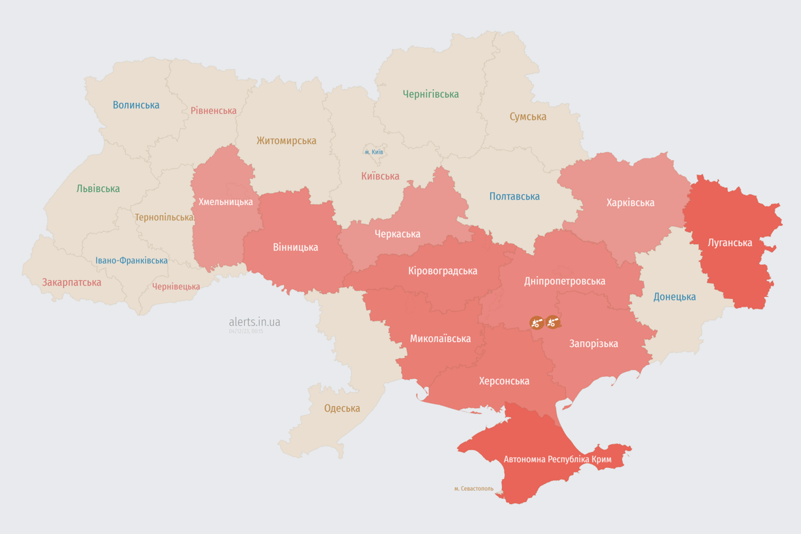 Мапа повітряних тривога в Україні сьогодні, 4 грудня