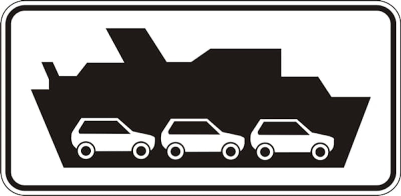 Дорожній знак 1.8 "Виїзд на набережну або берег" може застосовуватися разом з табличкою 7.11 "Поромна переправа".