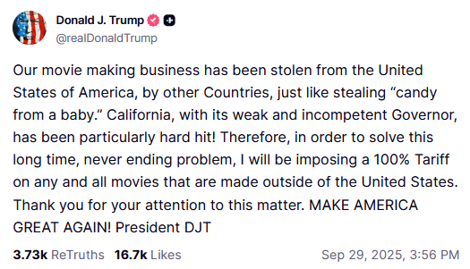 Трамп обещает ввести 100% пошлину на иностранные фильмы - фото 1