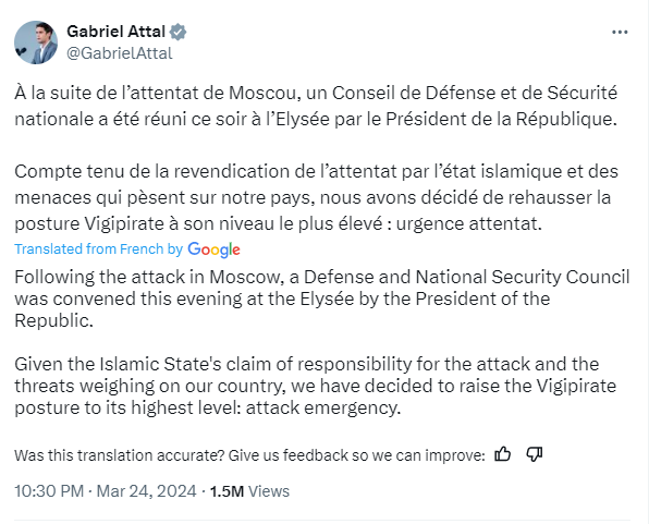 Скриншот повідомлення з сторінки в соцмережі Х прем'єр-міністра Франції Габріеля Атталя