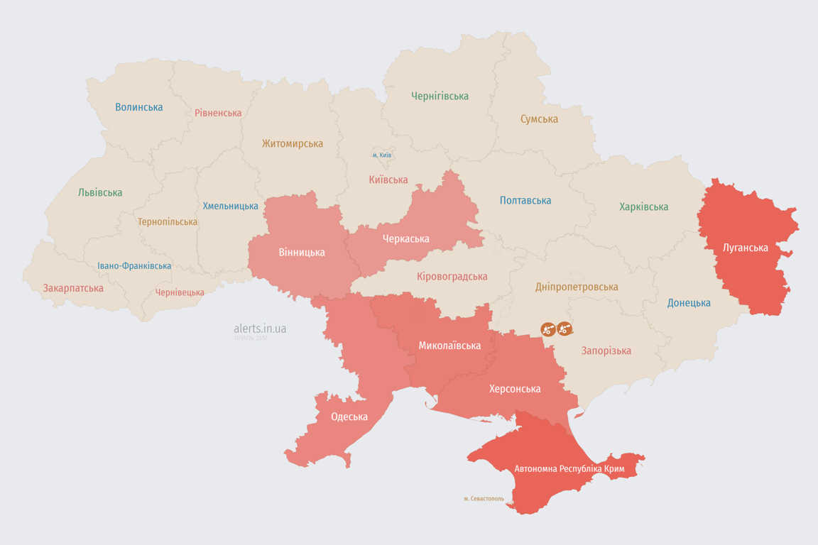 Мапа повітряних тривог в Україні сьогодні, 17 січня