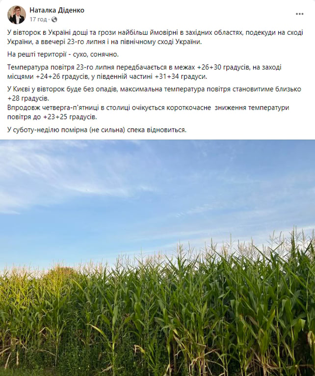 Погода від Наталки Діденко 23 липня