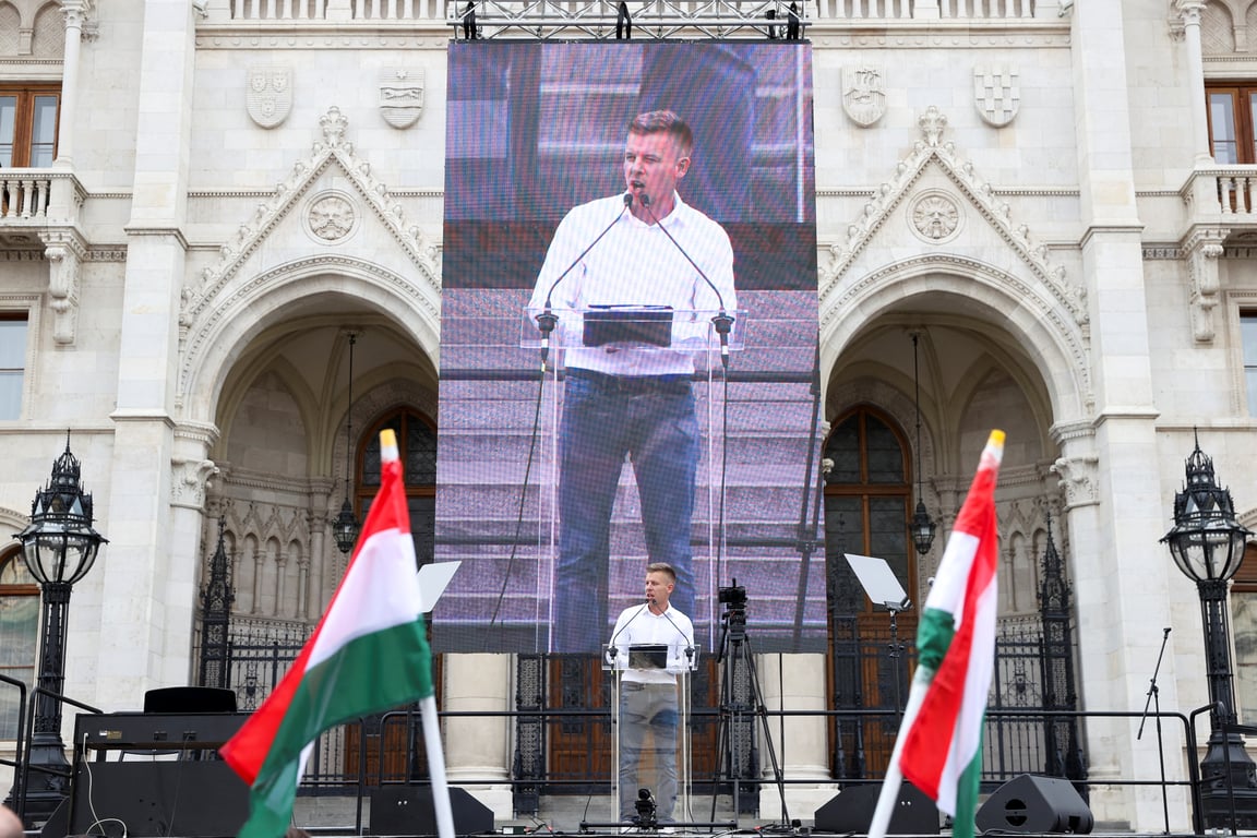 Виступ Петера Мадяра під час протесту в Будапешті