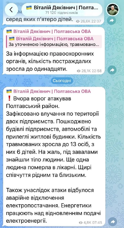 Удар по Полтавскому району: пропал свет, есть погибшие и раненые - фото 1