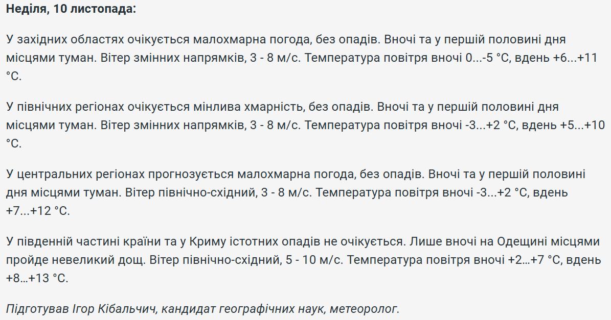 Прогноз погоди на 10 листопада