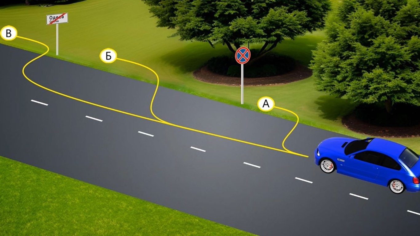 Интересный тест по ПДД: в каком месте разрешена остановка водителю синего авто