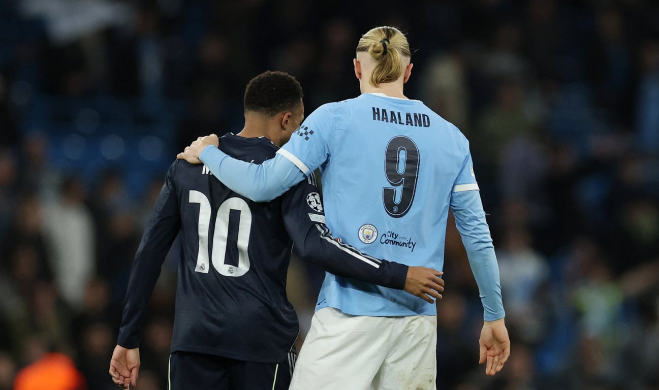 Килиан Мбаппе и Эрлинг Холанн после матча Манчестер Сити и мадридского Реала в ЛЧ 17 марта 2026 года