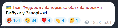 Скриншот повідомлення з телеграм-каналу очільника Запорізької ОВА Івана Федорова
