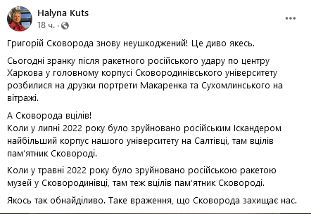 В Харькове во время ракетного удара 25 ноября уцелел витраж с портретом Григория Сковороды