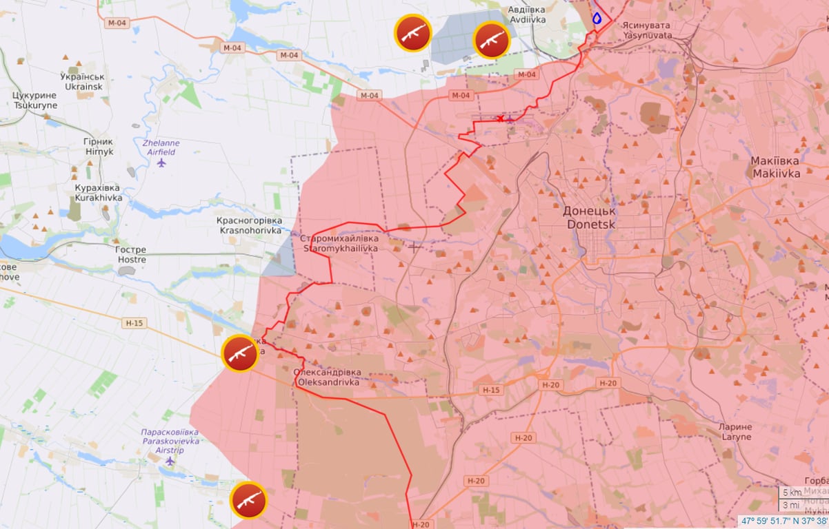 Карта боевых действий на Авдеевском и Марьинском направлениях от Liveuamap