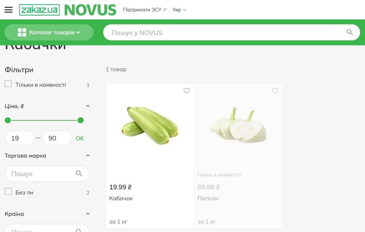 Ціни на кабачки в Novus