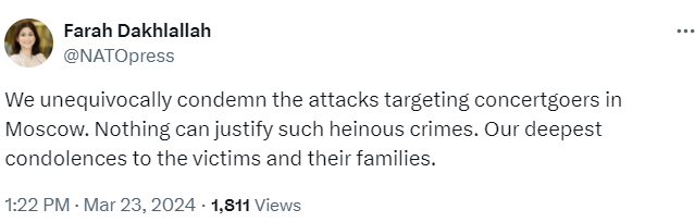 Реакція речниці НАТО на теракт в Крокусі 22 березня