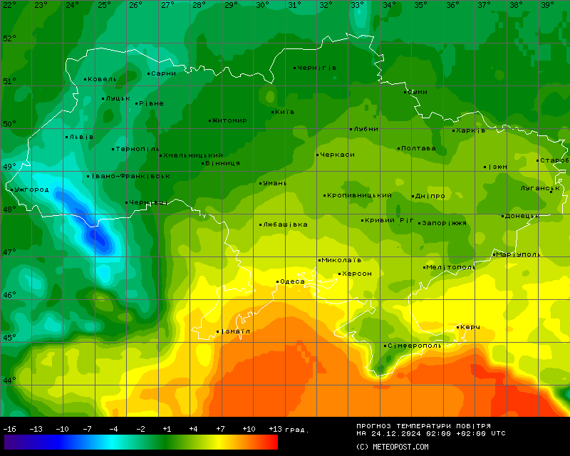Карта температур на 24 декабря