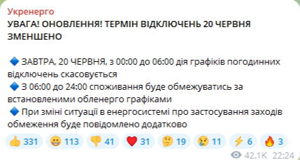 Інформація про відключення світла в Україні 20 червня. Фото: скриншот