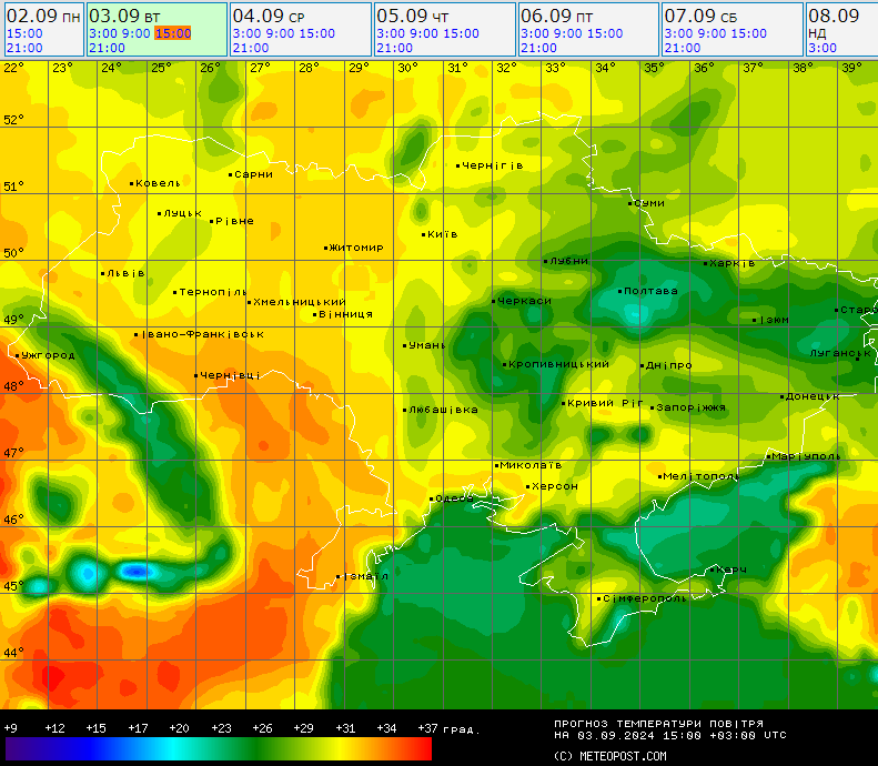 Температурная карта на 3 сентября. Фото: meteopost