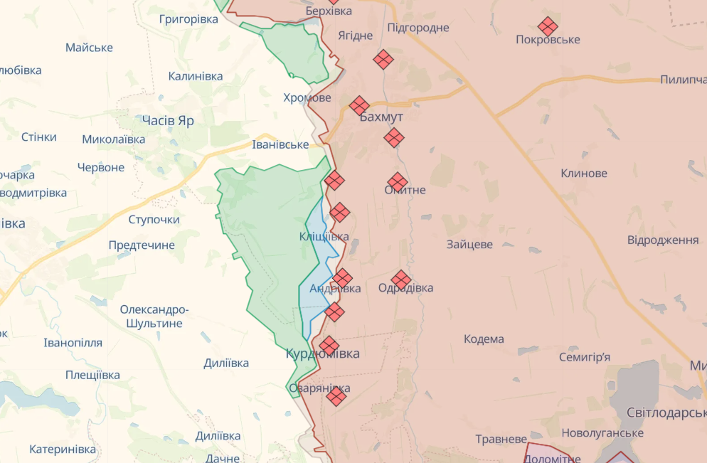 Карта бойових дій на Бахмутському напрямку від Deepstate