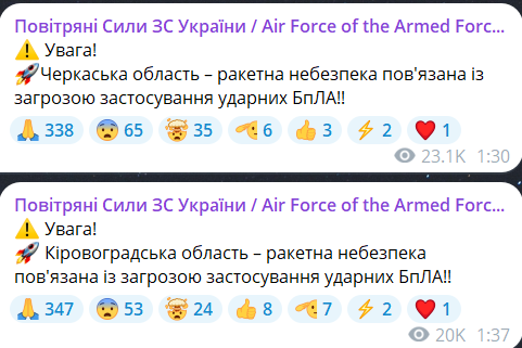Скриншот сообщения из телеграмм-канала "Воздушные силы ВС Украины"