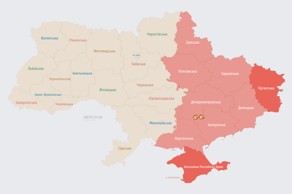 Карта воздушных тревог в Украине сейчас, 13 января