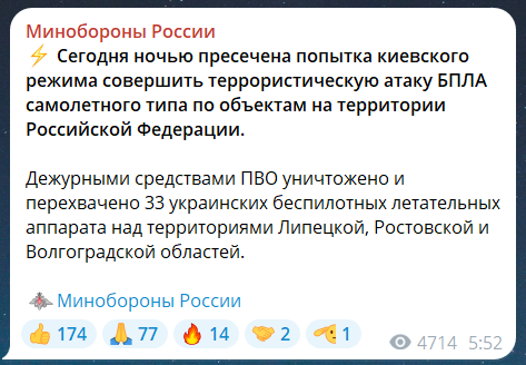 Скриншот повідомлення з телеграм-каналу Міноборони РФ