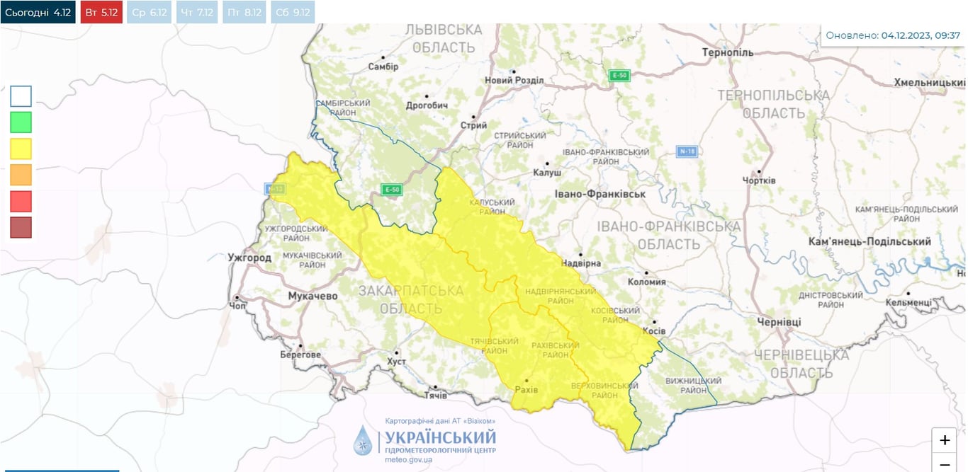 Карта опасных погодных условий в Украине сегодня, 5 декабря, от Укргидрометцентра