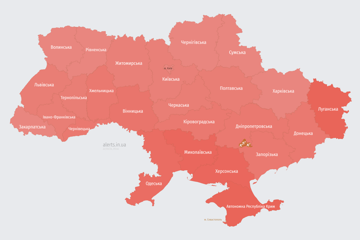 Мапа повітряної тривоги в Україні сьогодні, 22 березня