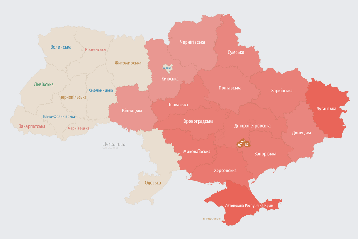 Мапа повітряної тривоги в Україні сьогодні, 30 січня