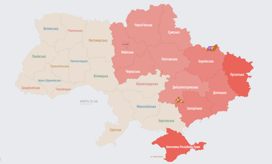 Повітряна тривога в Україні. Джерело: alerts.in.ua