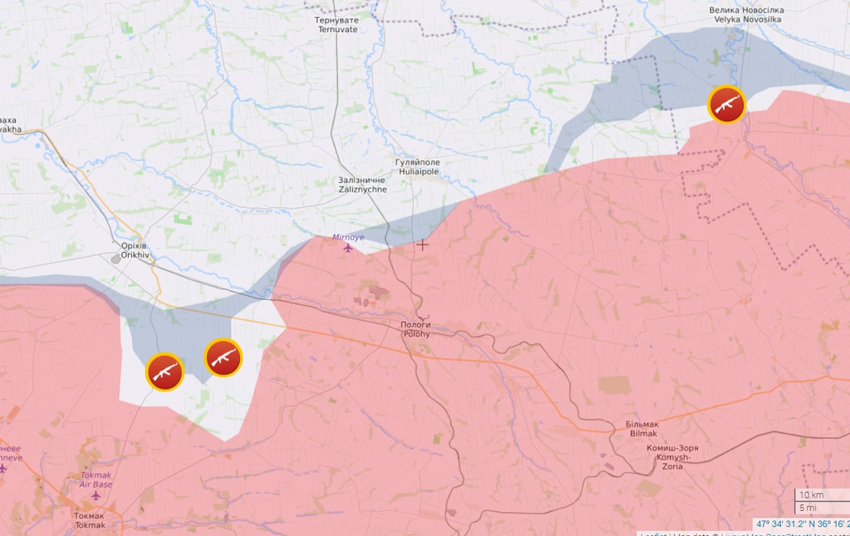 Карта боевых действий на Запорожском и Бердянском направлениях от Liveuamap