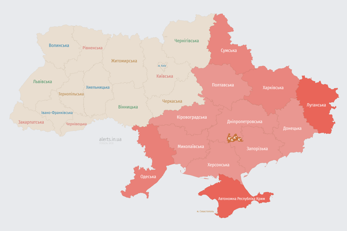 Мапа повітряної тривоги в Україні сьогодні, 17 березня