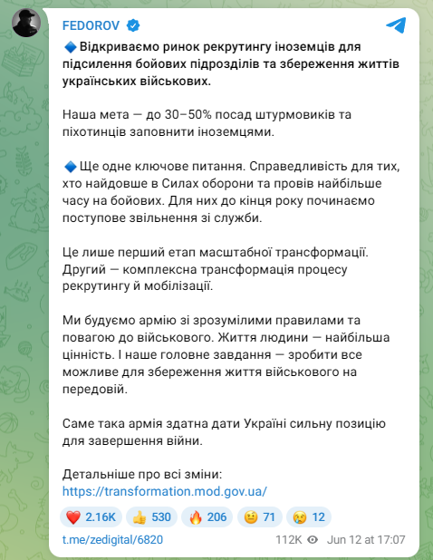 Федоров заявив, що до ЗСУ будуть залучати іноземців