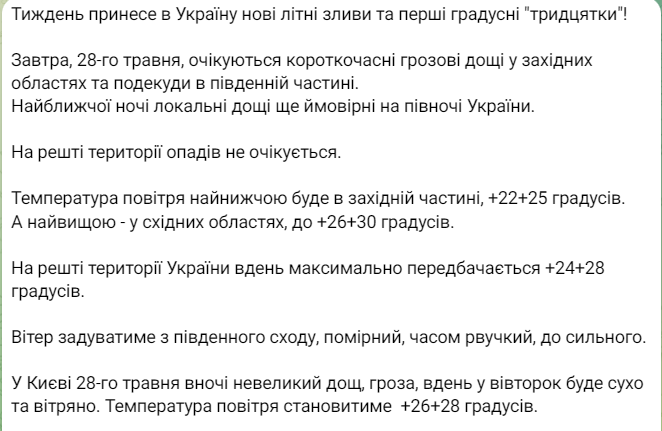 Прогноз погоди від Наталки Діденко на 28 травня