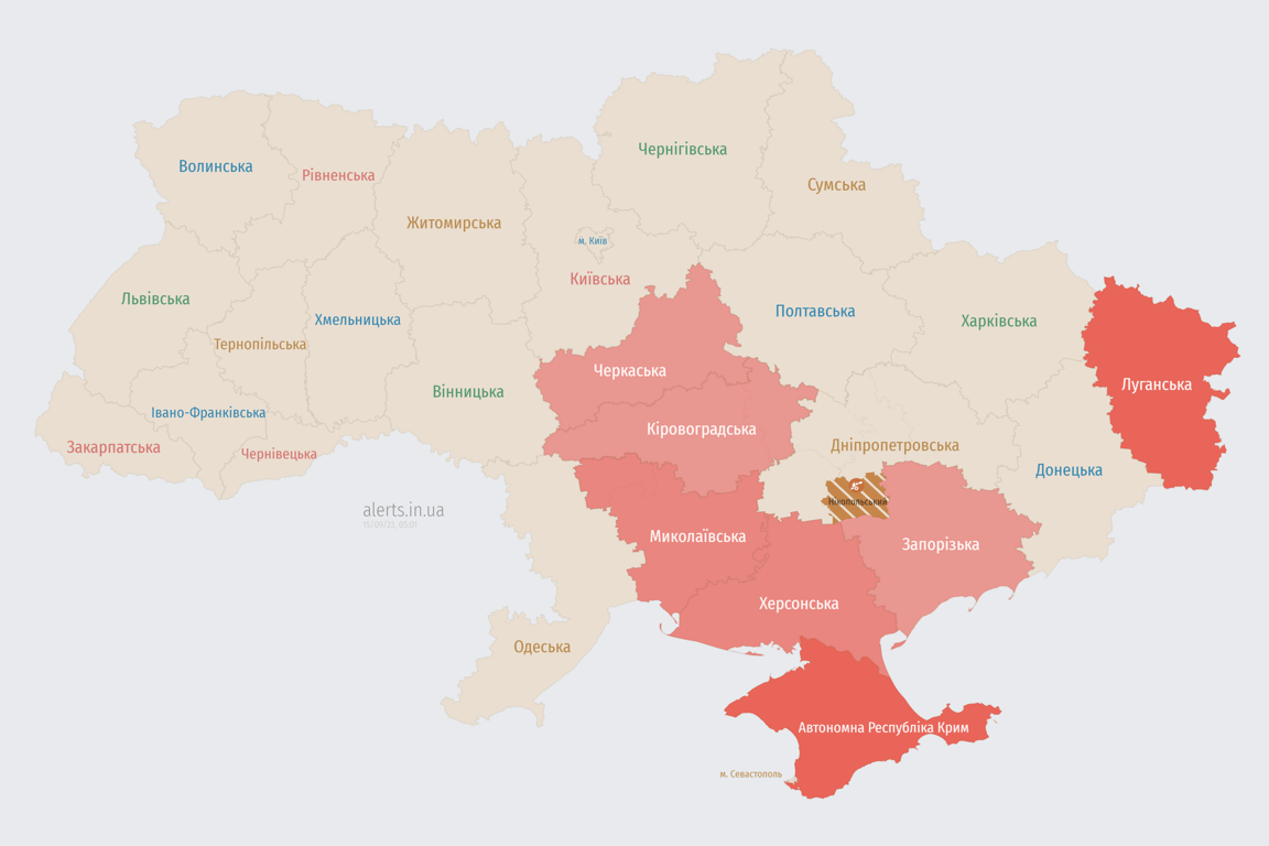 Мапа повітряних тривог в Україні сьогодні, 15 вересня