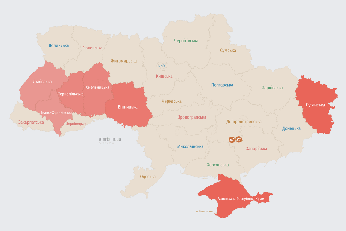Карта воздушных тревога в Украине сегодня, 4 декабря