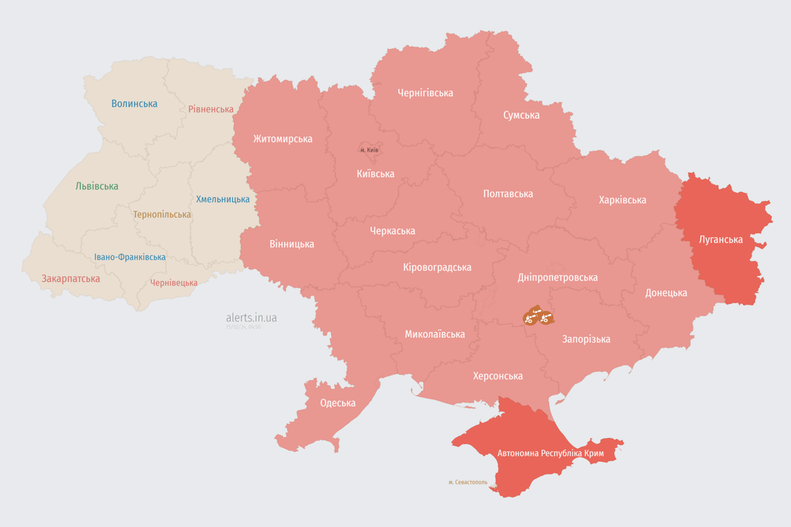 Мапа повітряної тривоги в Україні 15 лютого