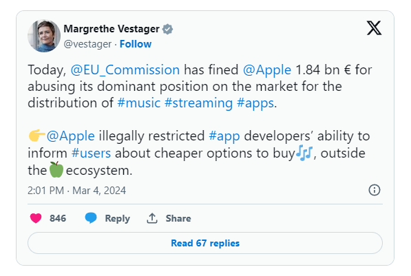 ЕС оштрафовал компанию Apple на 1,84 млрд евро