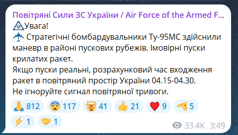 Скриншот повідомлення з телеграм-каналу "Повітряні сили ЗС України"
