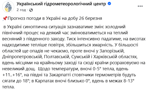 У четвер, 26 березня, в кількох областях України прогнозують дощі