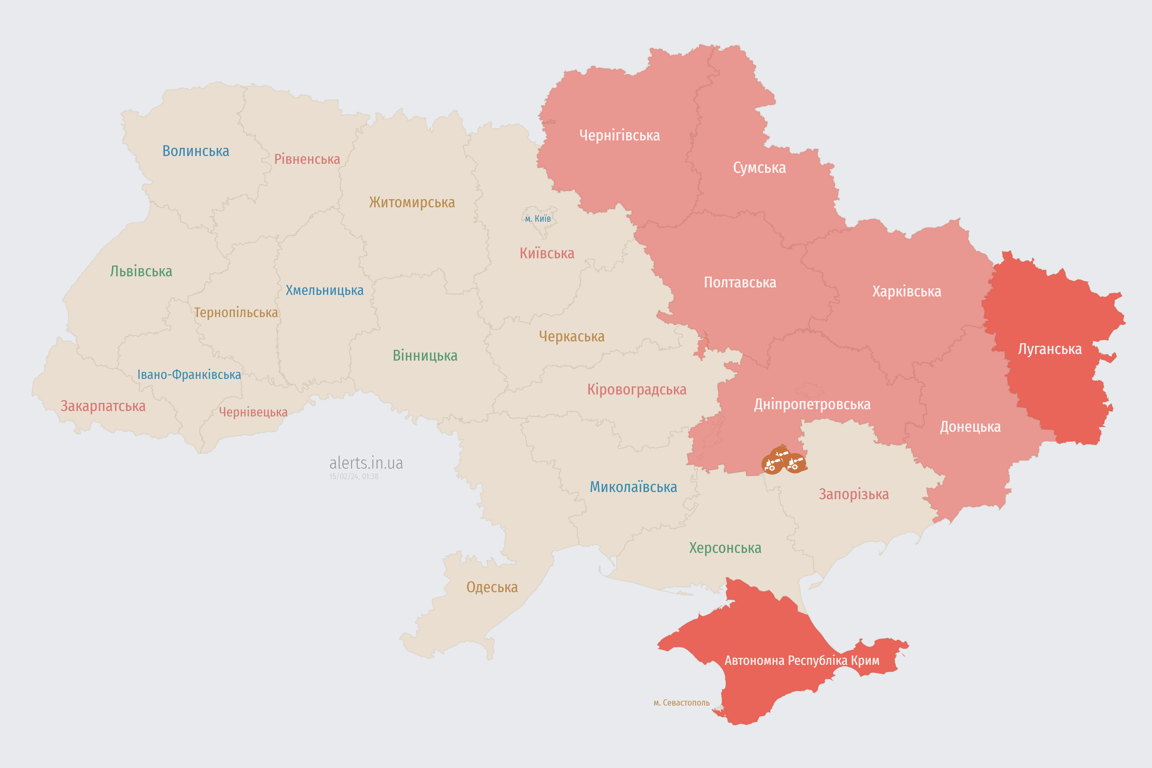 Карта воздушной тревоги в Украине 15 февраля