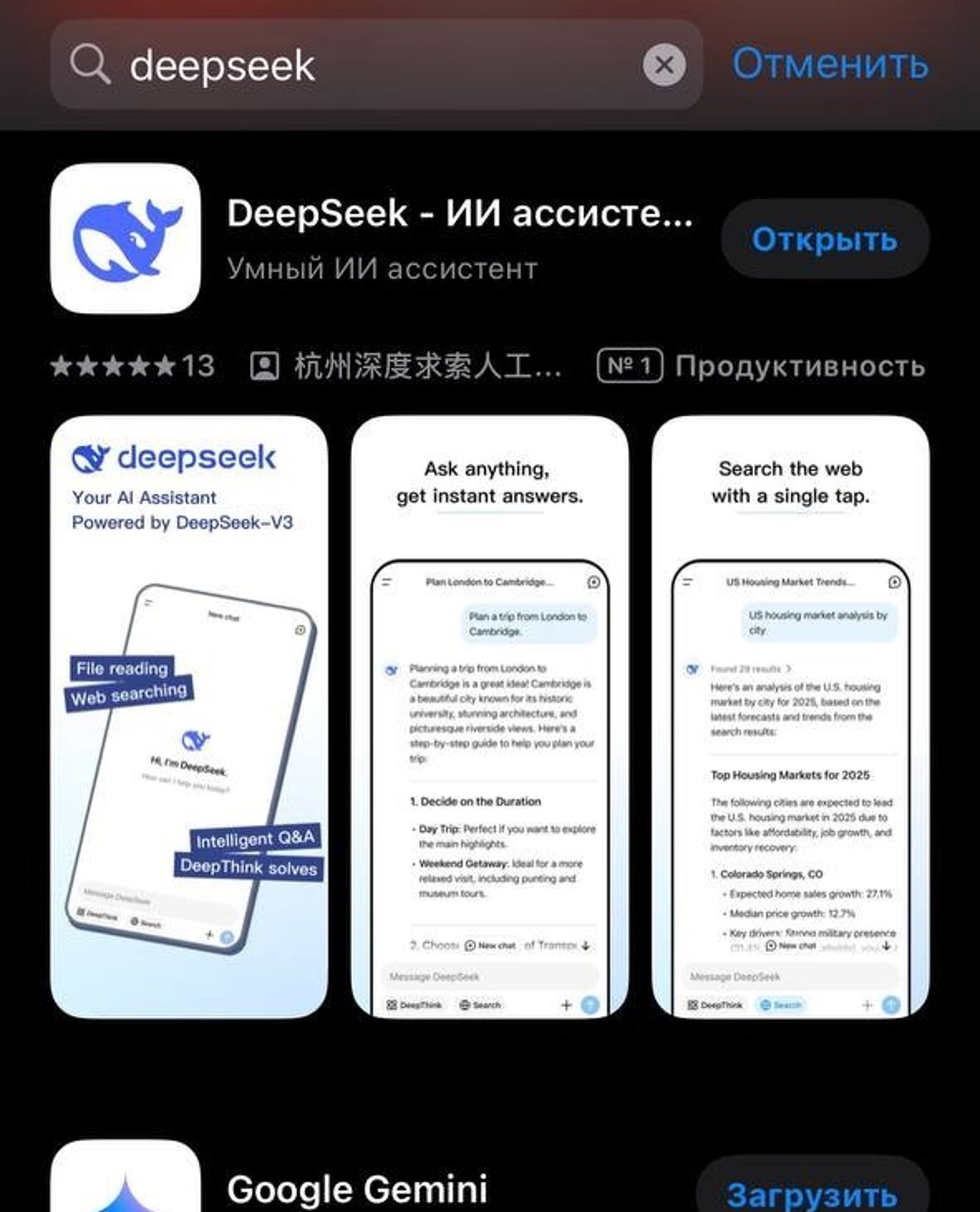 DeepSeek можно скачать в украинском App Store