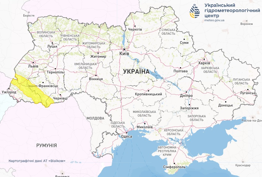 Мапа небезпечної погоди в Україні 23 лютого від Укргідрометцентру
