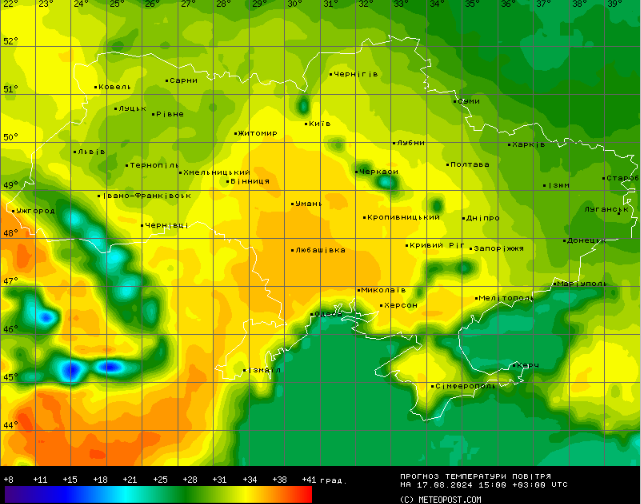 Температурна карта на 17 серпня. Фото: Метеопост