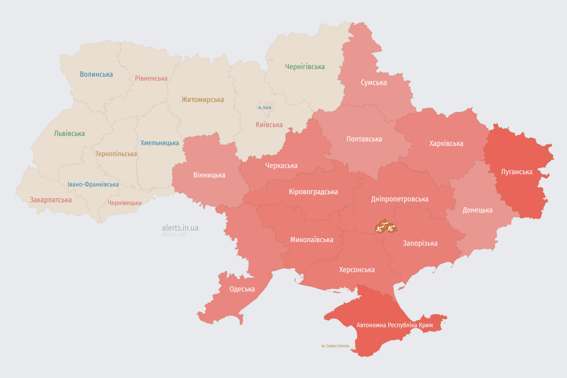 Карта воздушной тревоги в Украине сегодня, 29 января