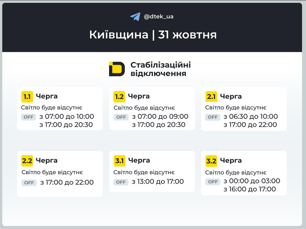 Де не буде світла на Київщині