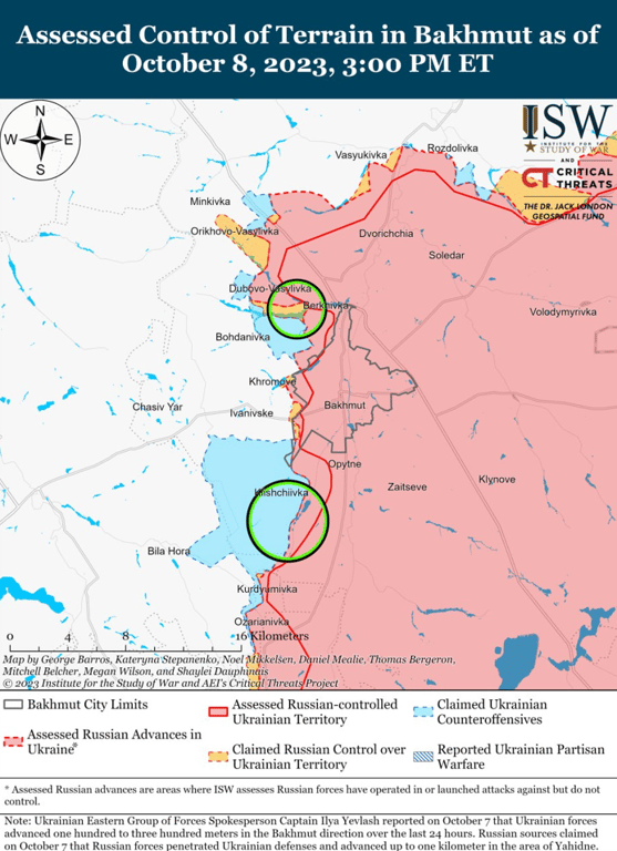 Карта бойових дій на Бахмутському напрямку від ISW. Фото: інфографіка ISW 
