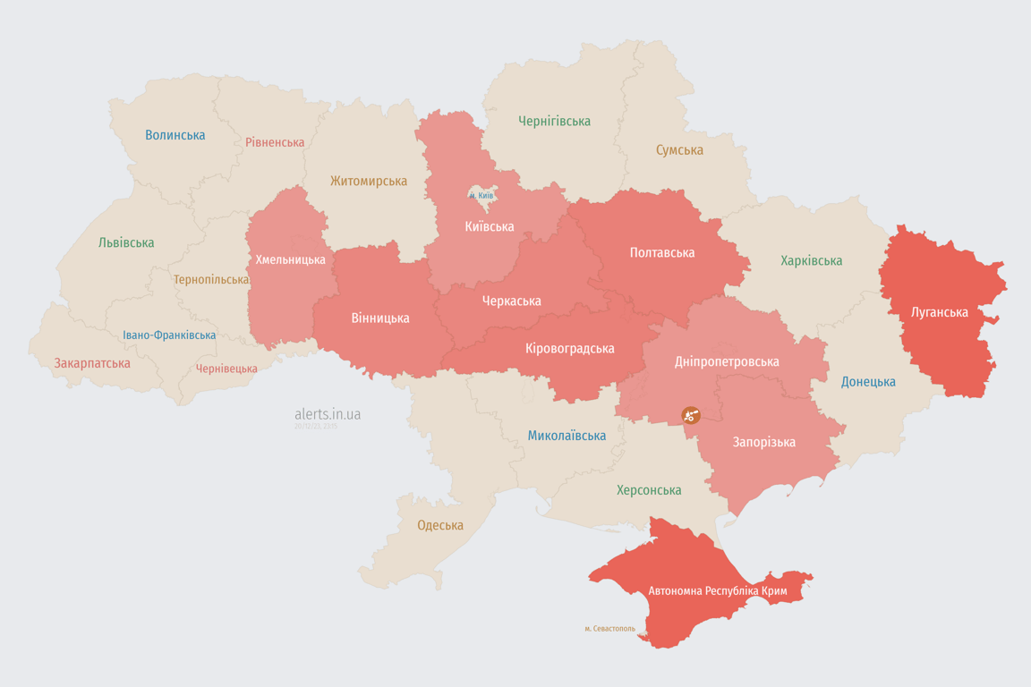 Мапа повітряних тривог в Україні сьогодні, 20 грудня