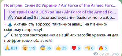 Скриншот допису Повітряних сил ЗСУ