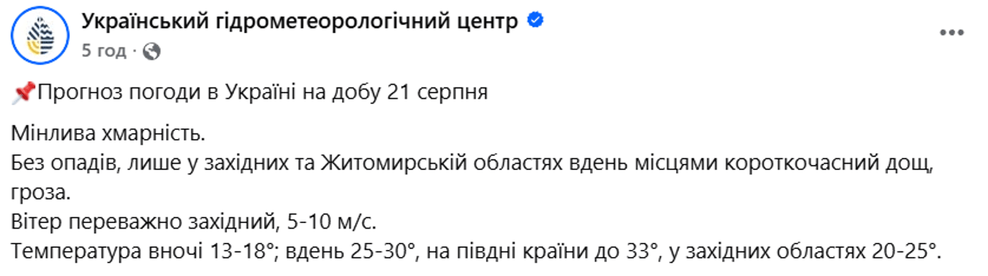 Прогноз погоди 21 серпня