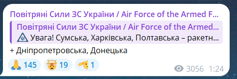 Скриншот сообщения из телеграмм-канала "Воздушные силы ВС Украины"