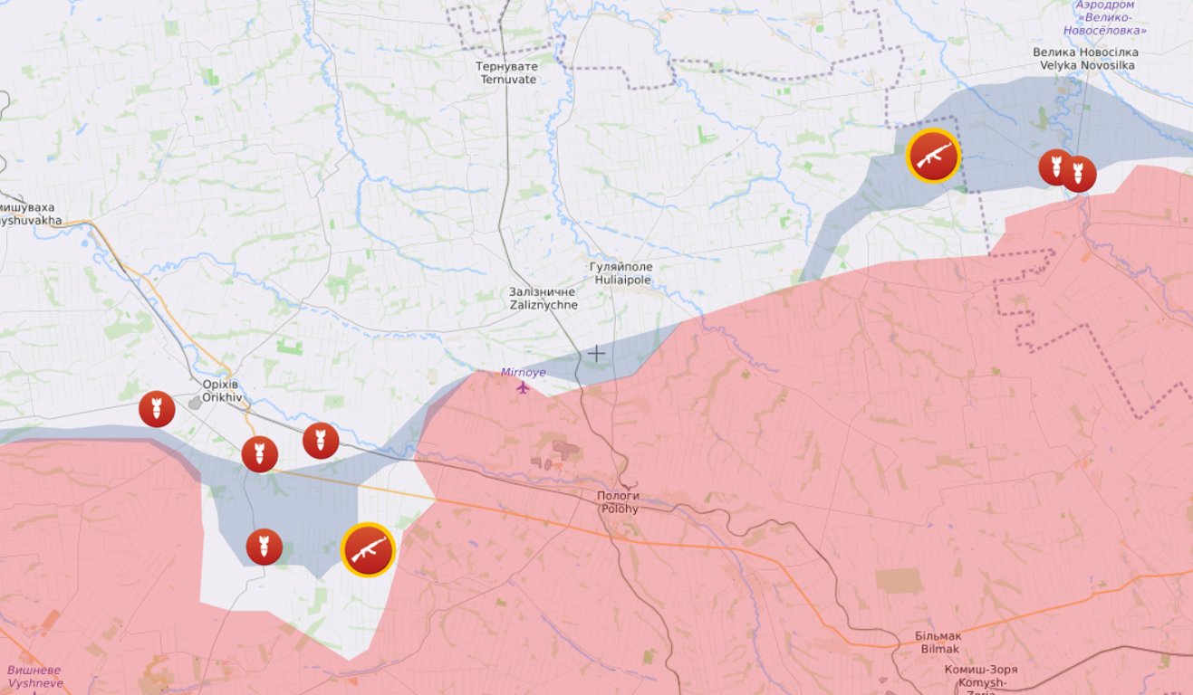 Карта боевых действий на Запорожском и Бердянском направлениях от Liveuamap