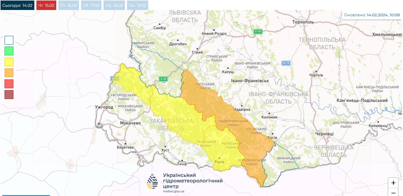 Мапа сніголавинної небезпеки в Україні 15 лютого від Укргідрометцентру